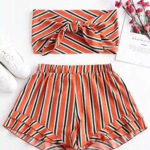 Stripes Tie Front Bandeau Top Set